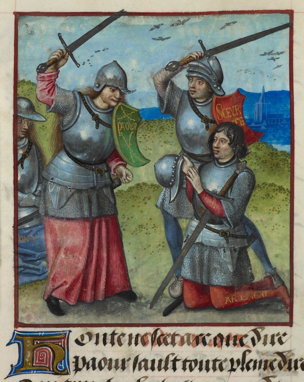 "Le Roman de la Rose"dan Honte bakarken Peur dövüşünün bir minyatürünün detayı by Unknown artist