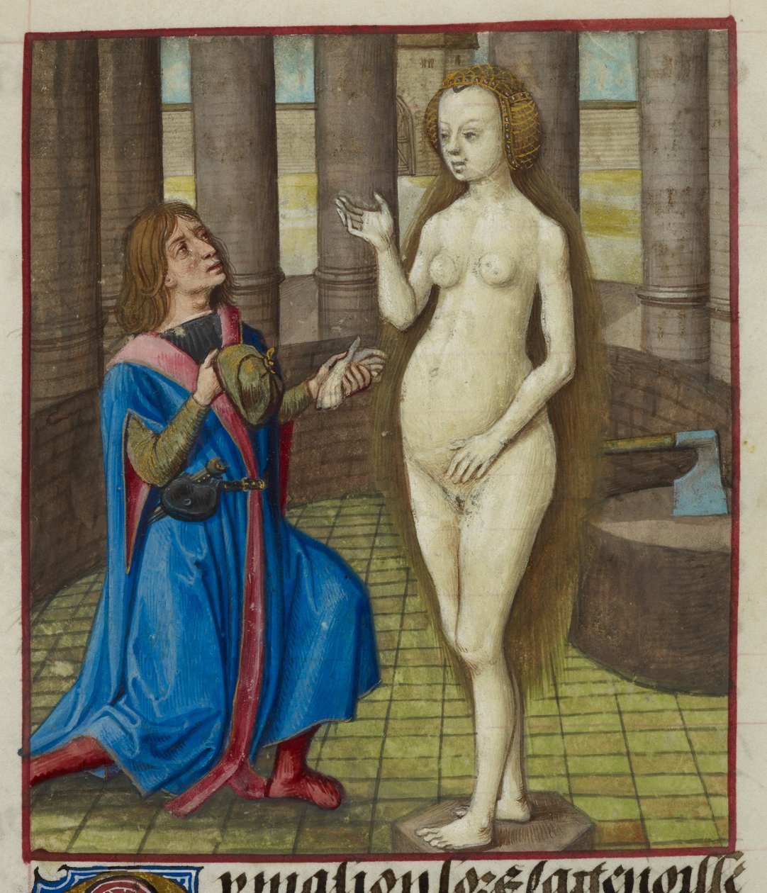 Pygmalion'un dizlerinin üzerinde heykelden af dileyen bir minyatürünün detayı. by Unknown artist