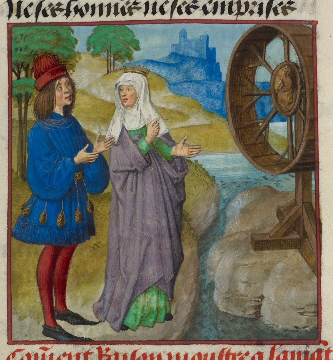 'Le Roman de la Rose'dan Çarkıfelek'i Sevgiliye gösteren bir Raison (Akıl) minyatürünün detayı by Unknown artist
