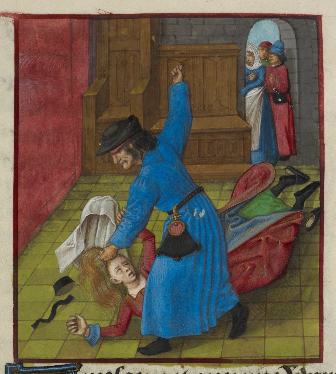 Kıskanç bir kocanın karısını saçları ve kıyafetleri uçuşana kadar dövdüğü minyatür bir detay, izleyiciler kapı aralığından izlerken, 'Le Roman de la Rose' by Unknown artist