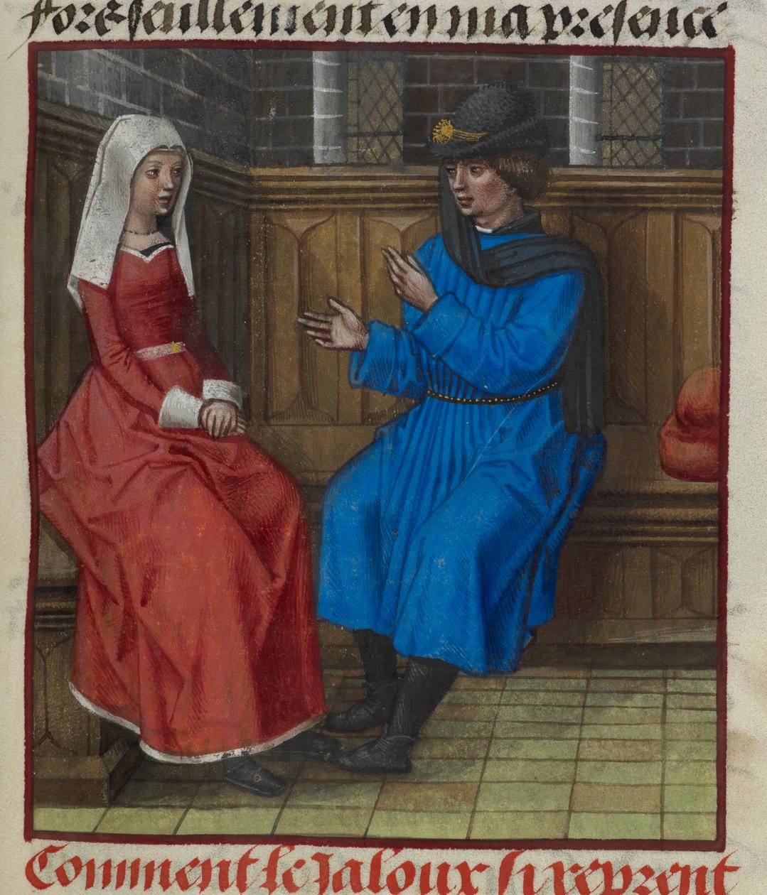 'Le Roman de la Rose'dan, oturan kıskanç bir adam ve karısının minyatürünün detayı by Unknown artist