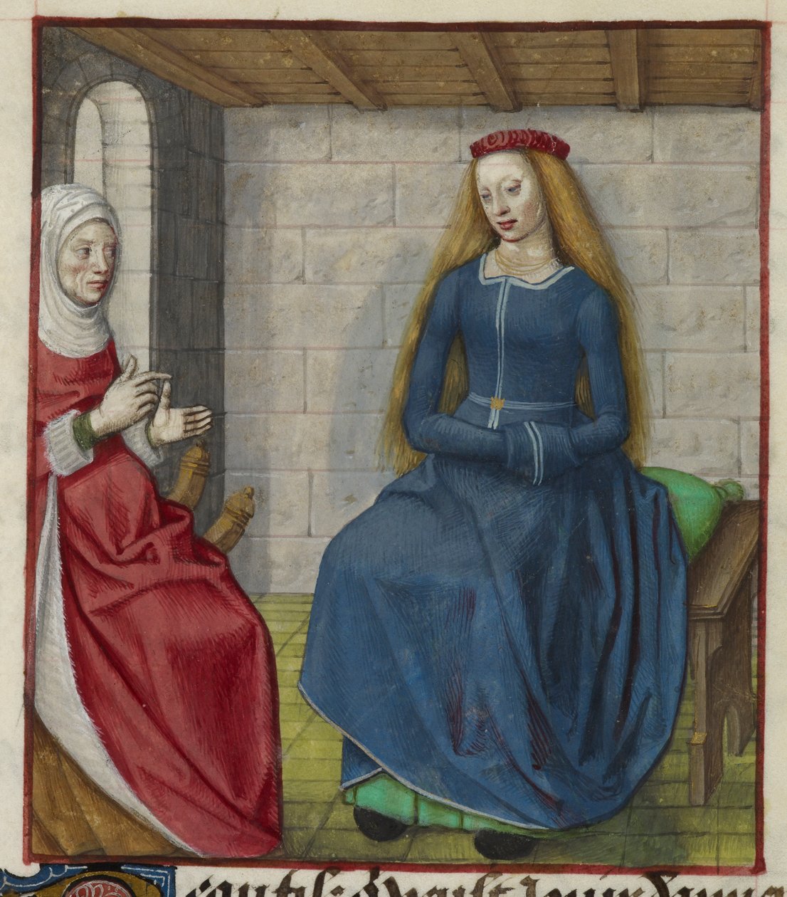 'Le Roman de la Rose'dan bir la Vieille (Duenna) ve Bel Accueil (Adil Karşılama) minyatürünün detayı by Unknown artist