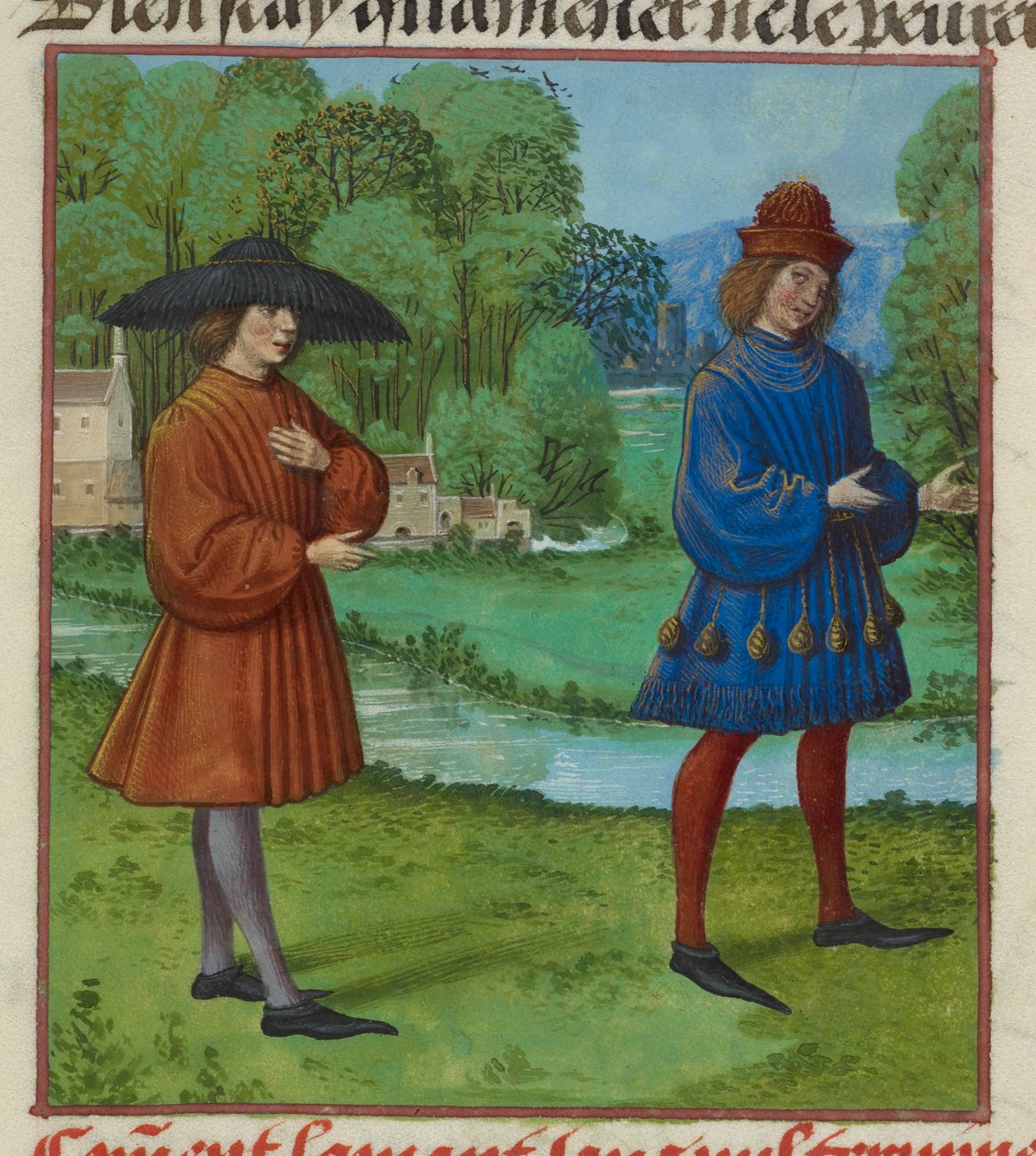 'Le Roman de la Rose'dan Aşık ve l'Ami'nin (Arkadaş) minyatürünün detayı by Unknown artist