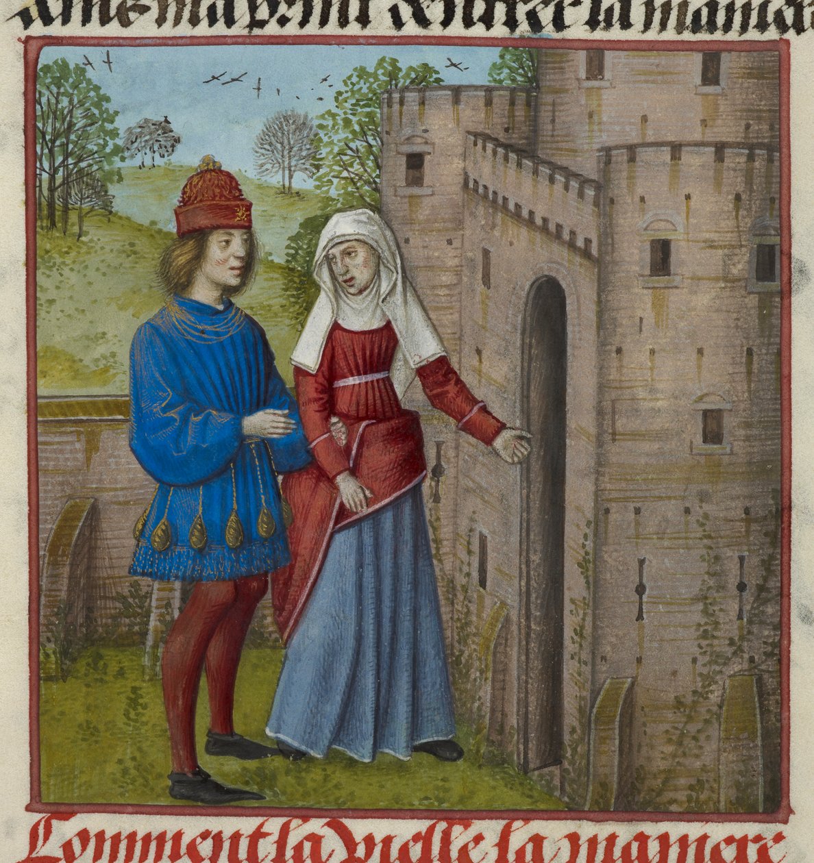 'Le Roman de la Rose'dan Aşık ve la Vieille (Duenna) minyatürünün detayı by Unknown artist