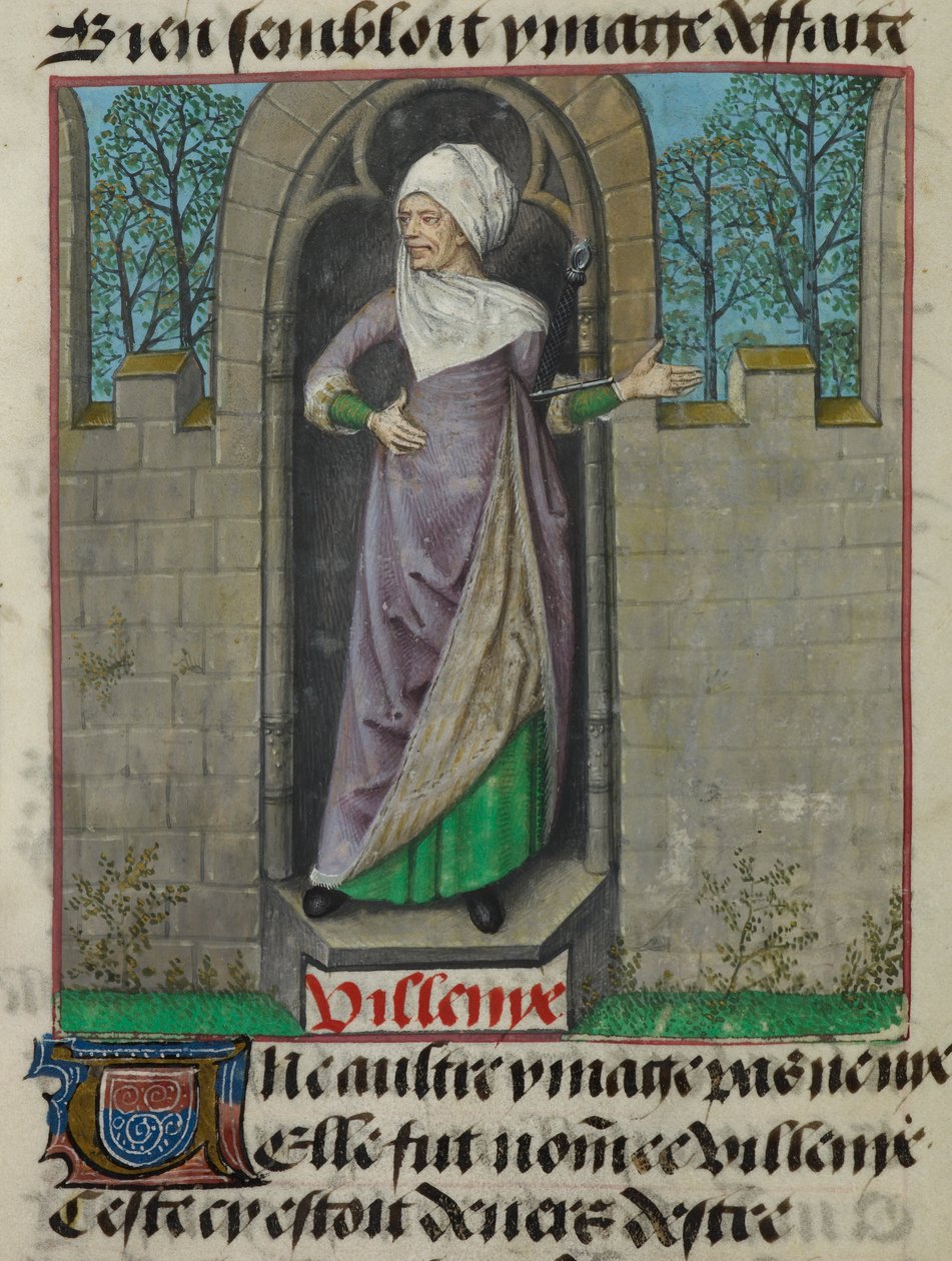 "Le Roman de la Rose"dan, yaprağın ikinci sütunundaki alegorik Vilenie (Villainy) figürünün minyatürünün detayı by Unknown artist