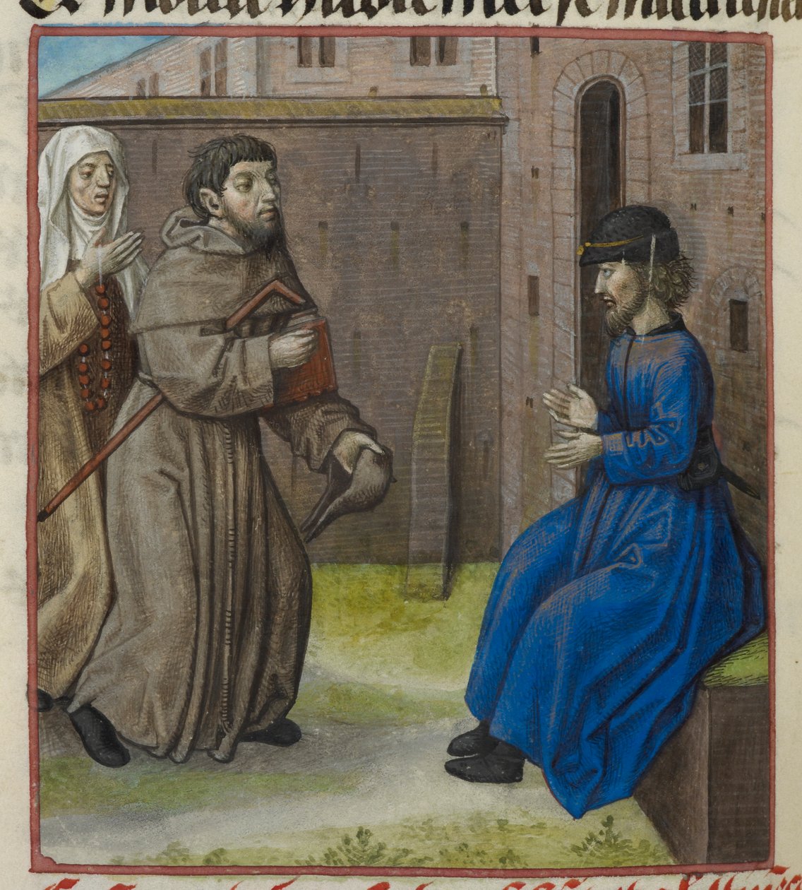 'Le Roman de la Rose'dan Malebouche ile konuşan Faus-semblant ve Contrainte-Perhiz minyatürünün detayı by Unknown artist