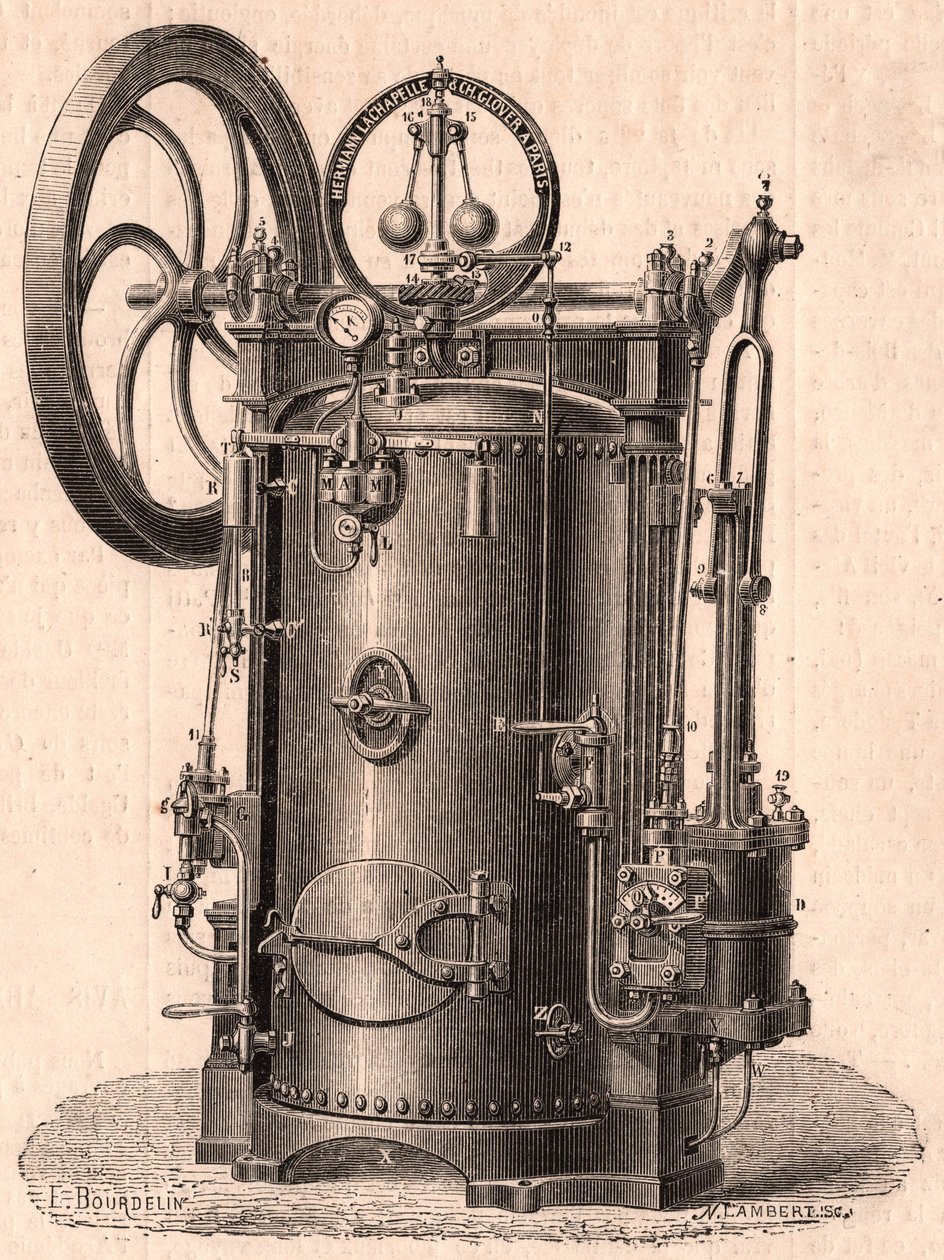 1866'da Paris'te üretilen küçük bir buhar motorunun ayrıntılı teknik görünümü: kazan, silindir, piston, biyel ve volan by Unknown