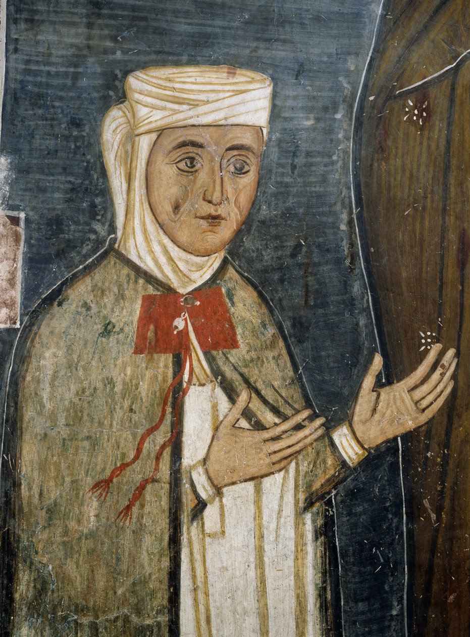 14. yüzyıl kıyafetleri içinde dindar Saramalyna Anastasia, Bizans kilisesindeki fresk Our Lady of Asinou (12. yüzyıl) (Unesco Dünya Mirası Listesi, 2001), Trodos dağları, Kıbrıs by Unknown artist