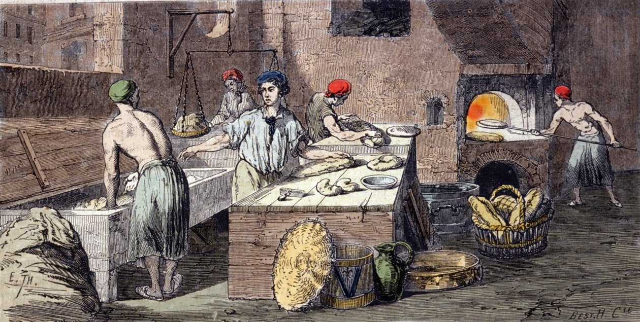 Fırıncıların farklı faaliyetleri: ekmek hamurunun sevişmesi, somunların hazırlanması, fırınlama. 19. yüzyıl gravürü by Unknown artist
