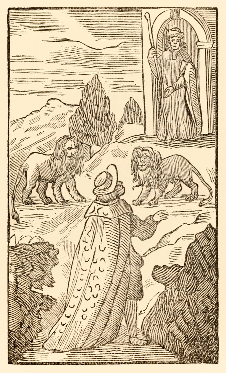 Zorluk geride kaldı, Korku önce Hacılar Bu Dünyadan Geleceklere İlerliyor John Bunyan (1628-1688) Christian aslanların arasından geçiyor Kapıcı Dikkatli bakarken by Unknown