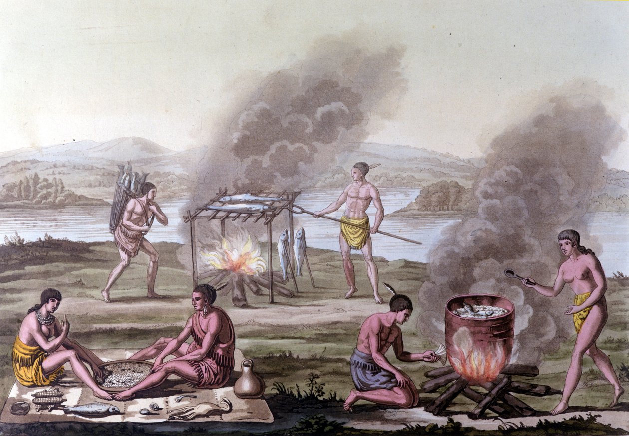 Florida Kızılderilileri arasında yemek ve yemek pişirme sahnesi. 17. yüzyıl gravürü. by Unknown artist