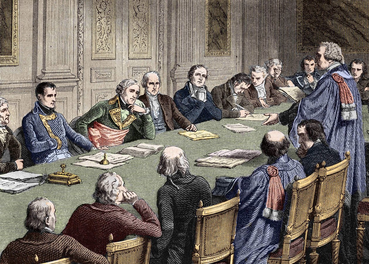 İlk konsül Napolyon Bonapart'ın başkanlığında Danıştay'da (1800-1804) Medeni Kanunun tartışılması, sol Jean Jacques Regis de Cambaceres'e sahiptir. 19. yüzyıl gravürü. by Unknown artist