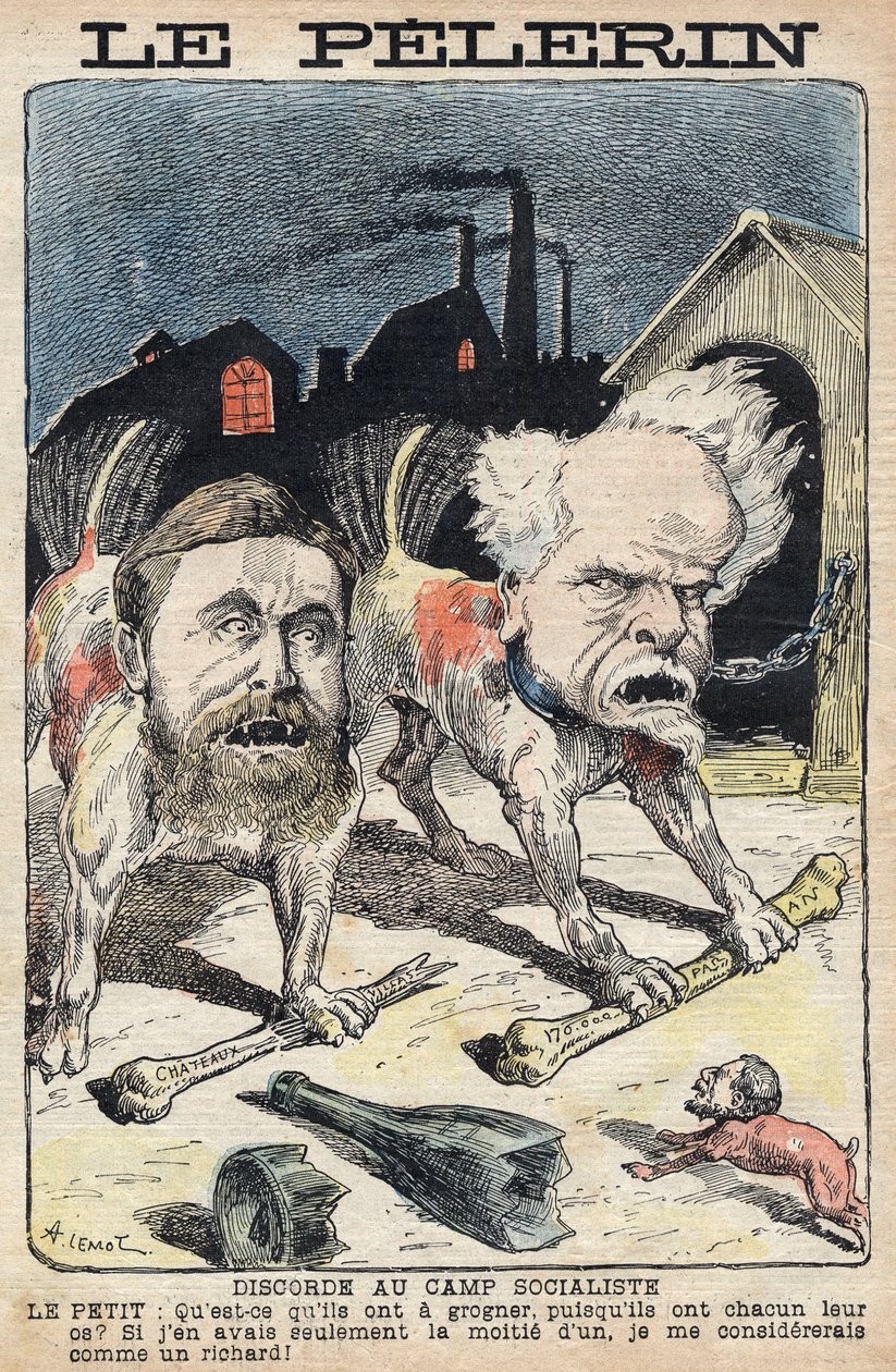 Sosyalistler Jean Jaures (1859-1914) (solda) ve Henri Rochefort (1831-1913) (sağda) arasındaki anlaşmazlıklar. 19 Haziran 1898 tarihli “Le Pelerin”deki illüstrasyon. by Unknown artist