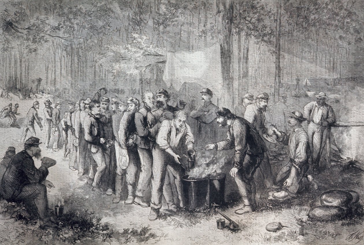 Kuzey Amerika askeri birimine erzak dağıtmak, Amerika Birleşik Devletleri, Amerikan İç Savaşı, gravür by Unknown artist