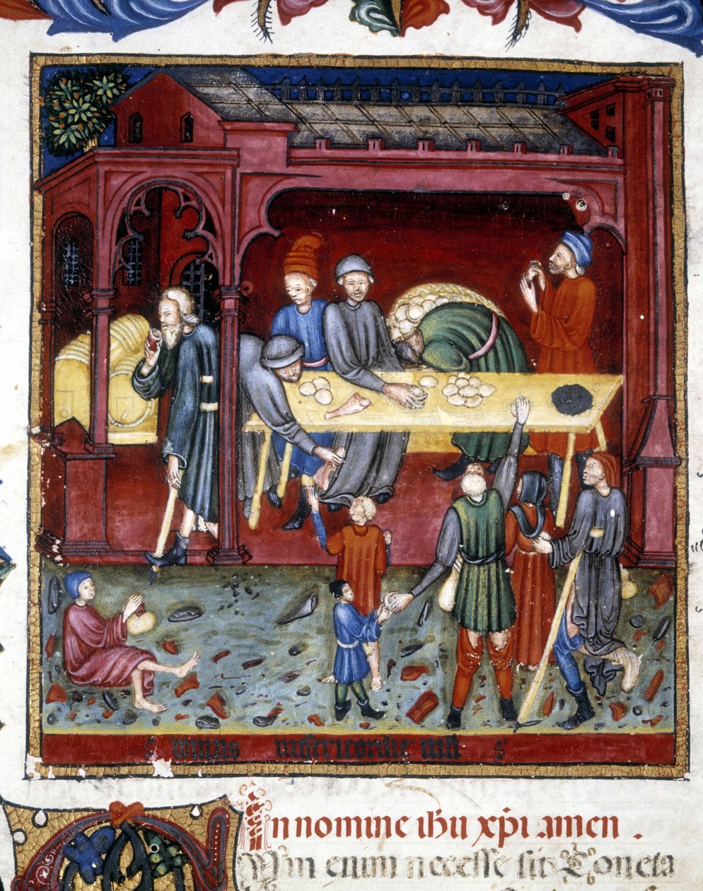 Yaşlı ve fakirlere ekmek ve ayakkabı dağıtımı. 1422. by Unknown artist