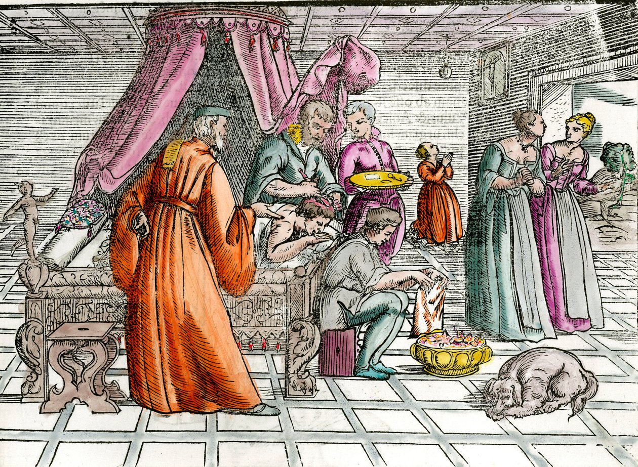 Doktor: “” Bir trepanasyon””” Bir cerrah, hastasının kafatasını çalıştırır. 16. yüzyıl Özel Koleksiyonunun gravürü by Unknown artist