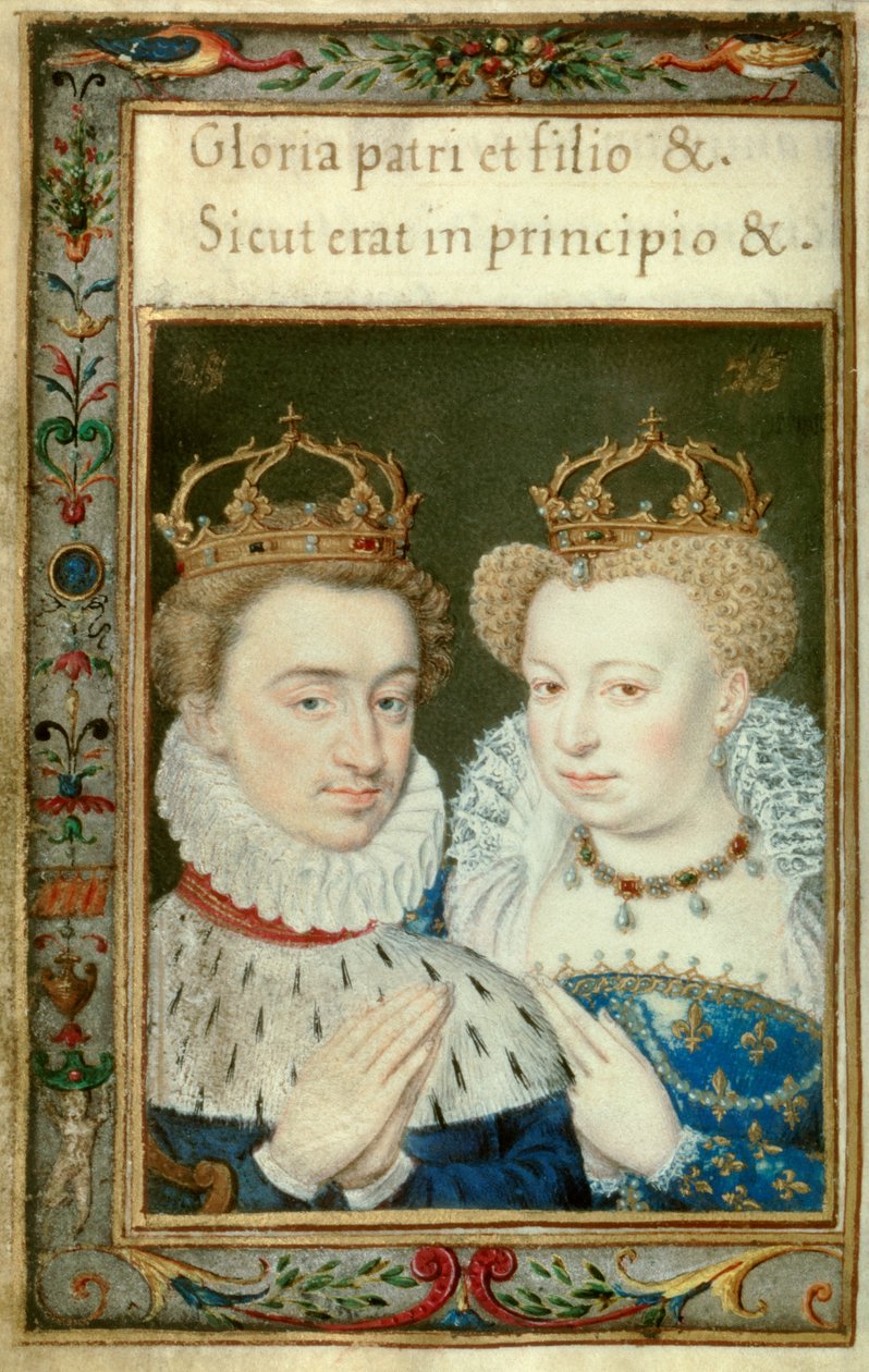 Fransa Kralı IV. Henry'nin (1553-1610) ve Kraliçe Margot olarak bilinen Marguerite de Valois'in (1553-1615) çifte portresi. Catherine de Medicis'in (Caterina de Medici) saat kitabından minyatür by Unknown artist