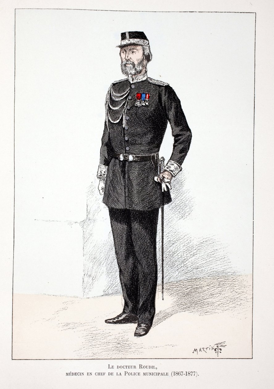 Dr. Roudil, belediye polisinin başhekimi (1867-1877). Seine Polisi Louis Lepine (1846-1933) himayesinde yayınlanan “Barış Muhafızları Kolordu Tarihi” kitabı için renkli gravür, A. by Unknown artist