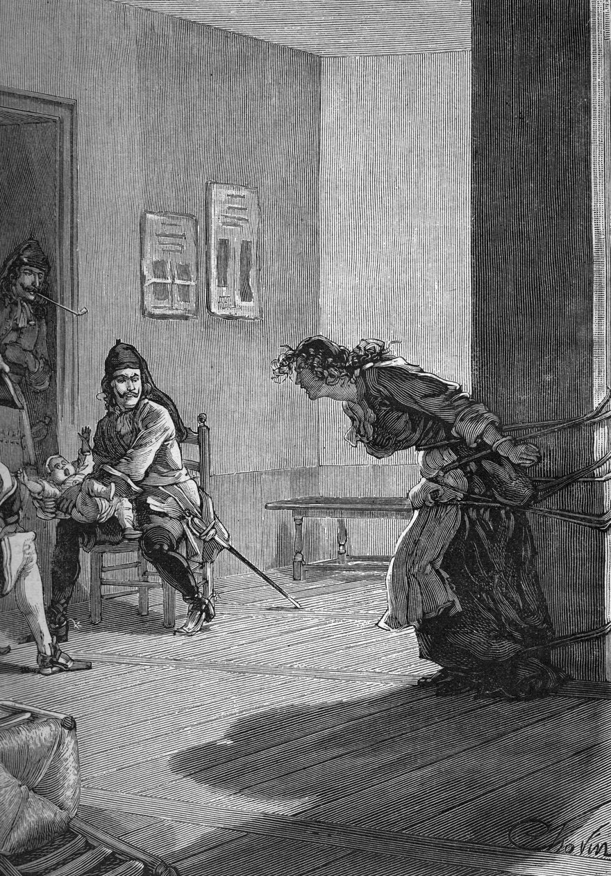 Dragonnades (1685-1686) - Protestan bir ailenin işkencesi: kralın askerleri, ejderhalar, annesi bir direğe bağlıyken bir bebeği tutarken. 19. yüzyılın gravürü. Jules Michelet