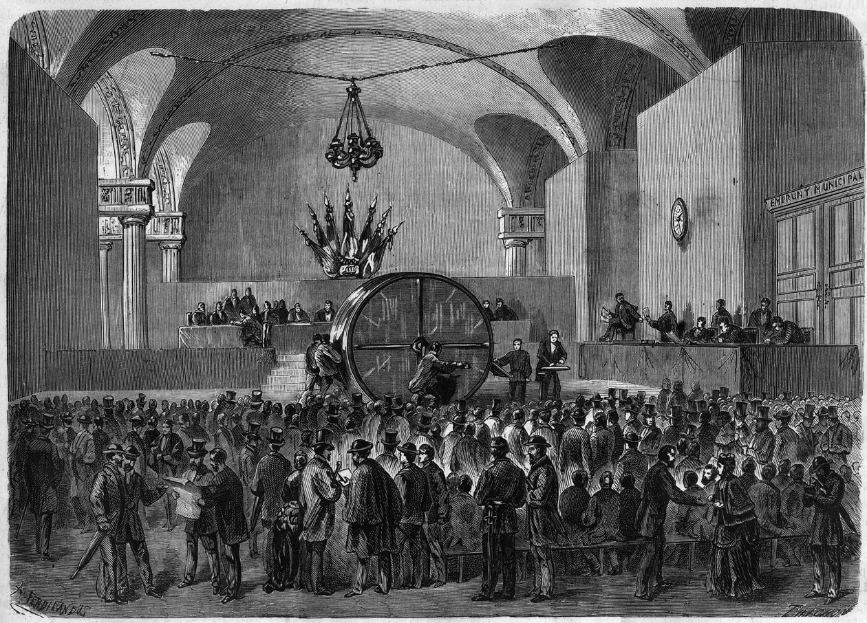 Paris Belediyesi tarafından 1855 ve 1866 yıllarında imzalanan iki krediye ait geri ödenecek tahviller için kura çekimi. Hotel de Ville de Paris, 2 Şubat by Unknown artist