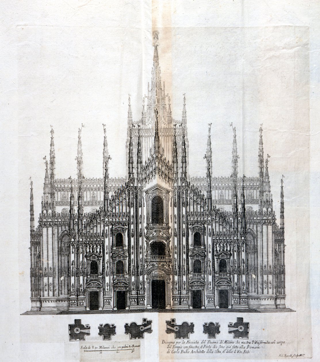 Binanın gövdesiyle tek biçimliliğini gösteren Milano Duomo cephesinin çizimi. 17. yüzyılda pek çok mimari proje, yarım kalan cepheyi tamamlamak için tasarlandı. by Unknown artist