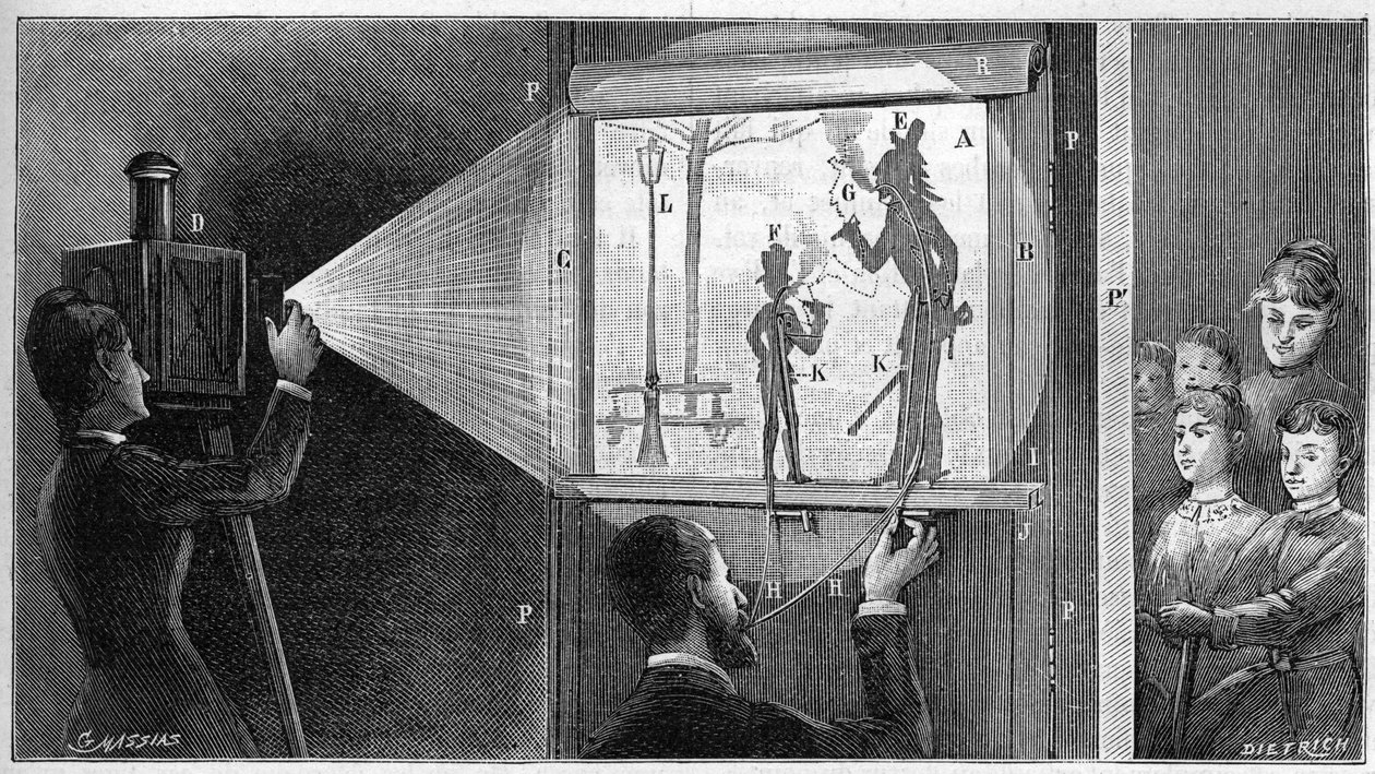 Du feu lütfen - shadbres tiyatrosunun sahne arkası - 1892 tarihli “La nature” gravürü. by Unknown artist