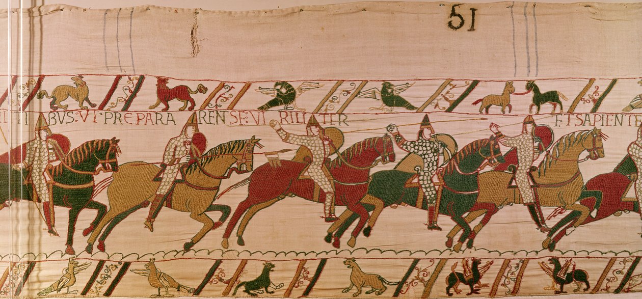 Dük William, Birliklerini İngiliz Ordusuna Karşı Savaşa Adamlar Gibi Akıllıca Hazırlamaları İçin Teşvik Ediyor, Bayeux Goblen (keten üzerine yün işlemesi) by Unknown artist