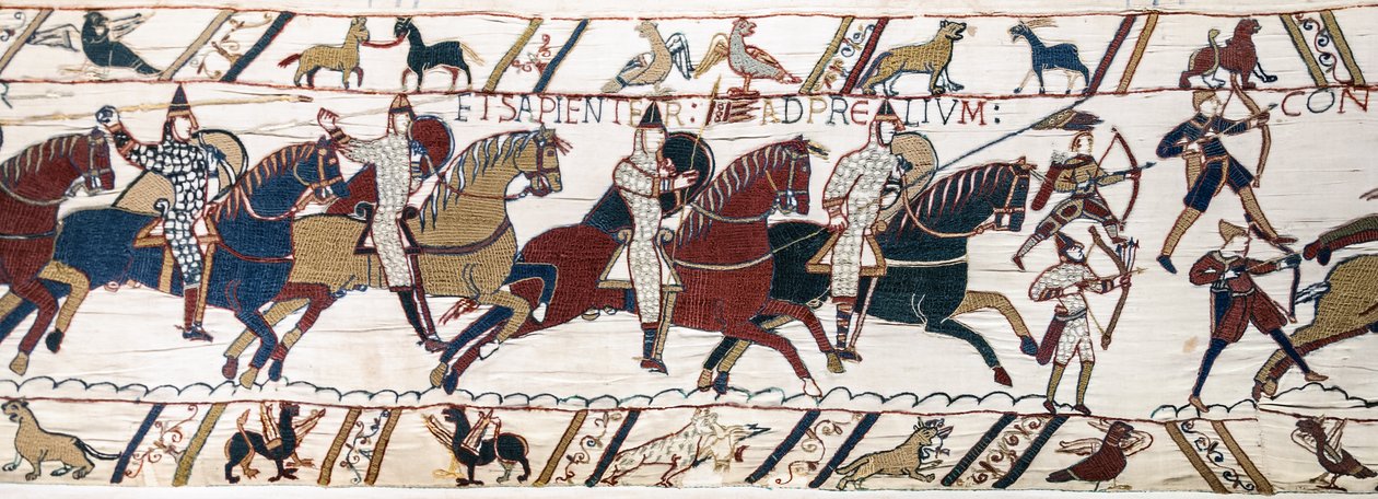 Dük William, birliklerini kendilerini İngiliz ordusuna karşı savaşa hazırlamaya teşvik ediyor Bayeux Goblen (keten üzerine yün işlemesi) by Unknown artist