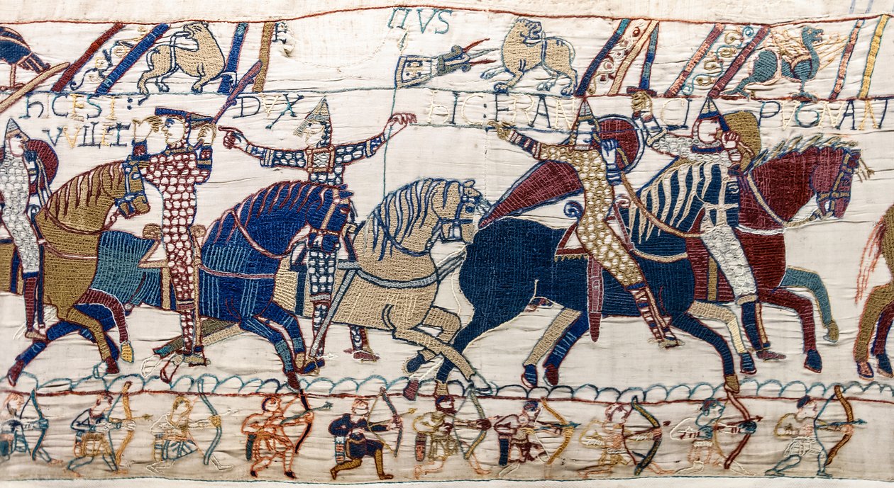 Duke William ordusuna yüzünü gösteriyor, Bayeux Goblen (keten üzerine yün işlemesi) by Unknown artist