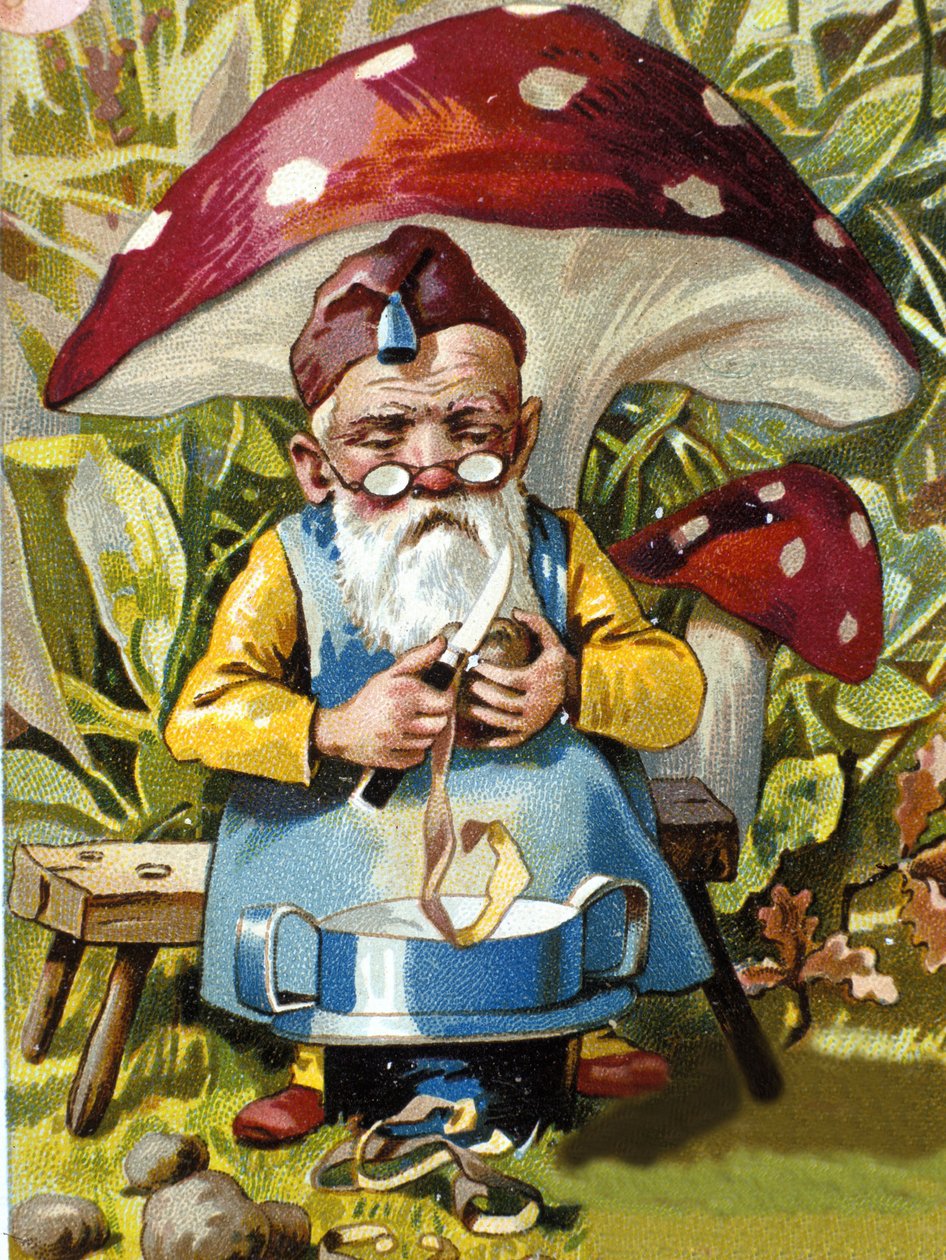 Cüce veya farfadet patates soyucu. 19. yüzyıl kromolitografisi. by Unknown artist