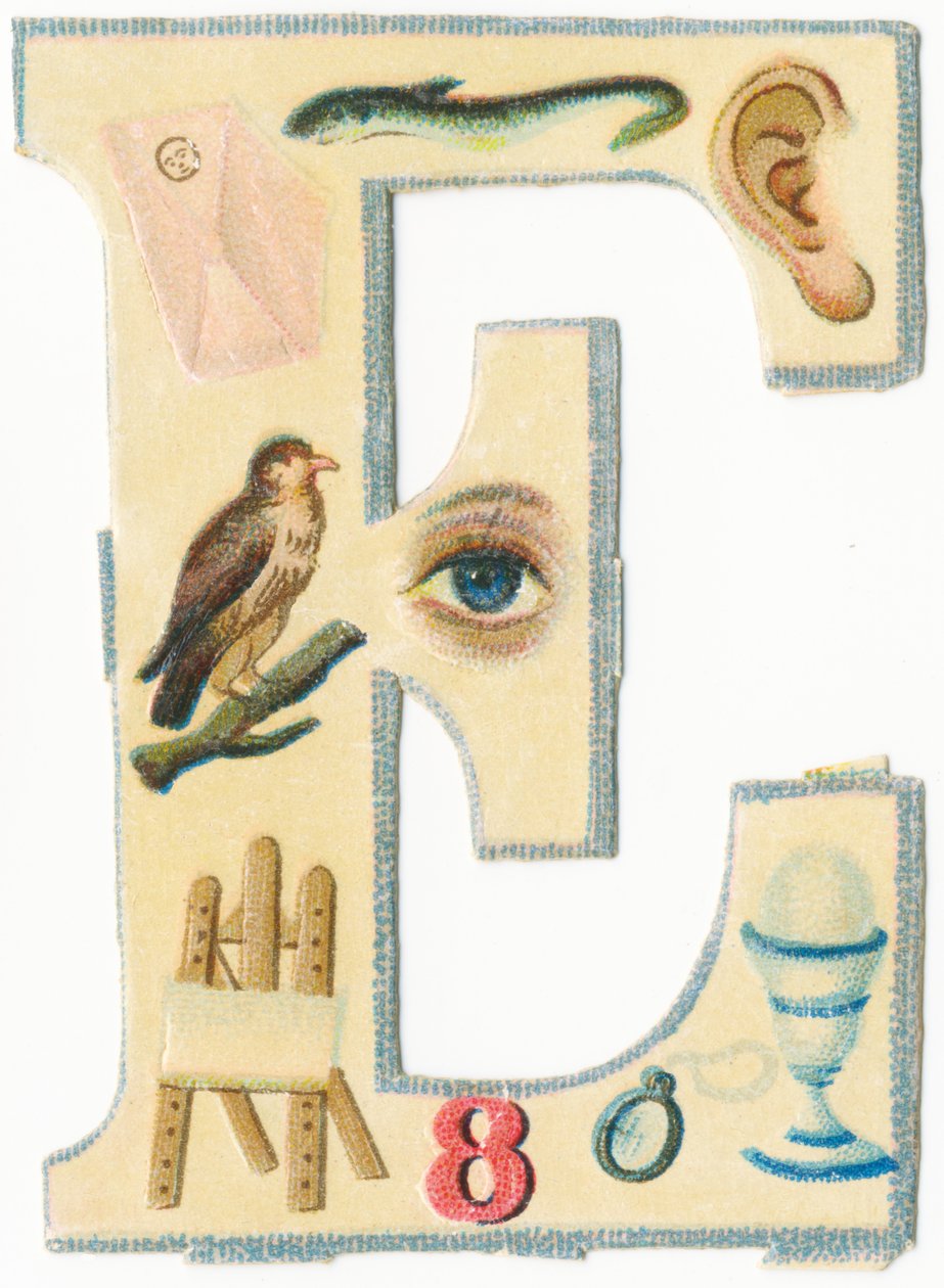 E: zarf, yılan balığı, kulak, kartal, göz, şövale, sekiz, gözlük, yumurta (renkli taş) by Unknown artist