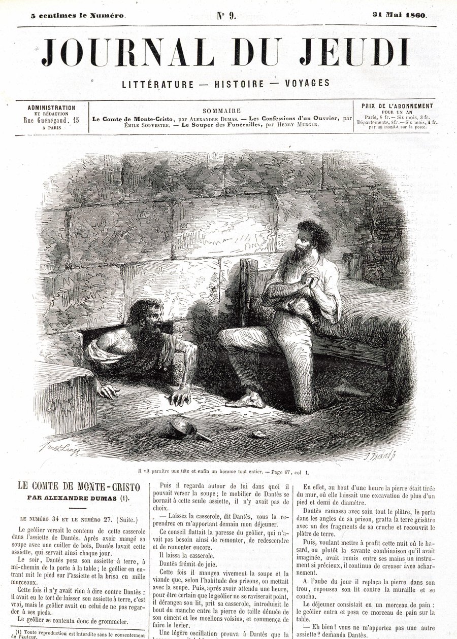Monte Cristo Kontu Edmond Dantes (Monte Cristo), hapishanedeki içi boş tünel sayesinde Abbe Faria ile tanışıyor - 31/05/1860 tarihli “Le Journal du Perşembe”””de by Unknown artist