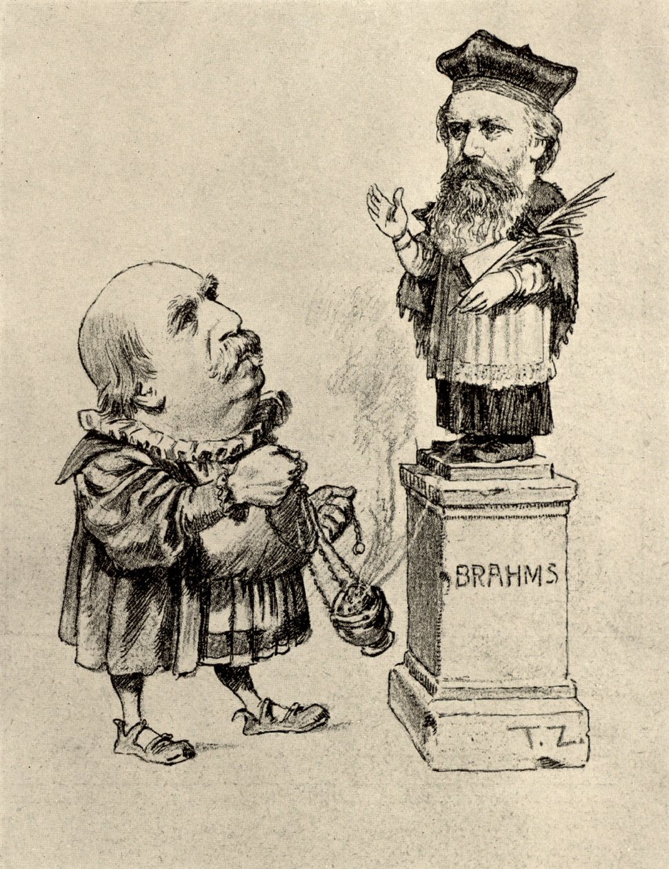 Eduard Hanslick (1825-1904) Avusturyalı müzik eleştirmeni, Brahms'a bir kaide üzerinde tapınıyor by Unknown artist