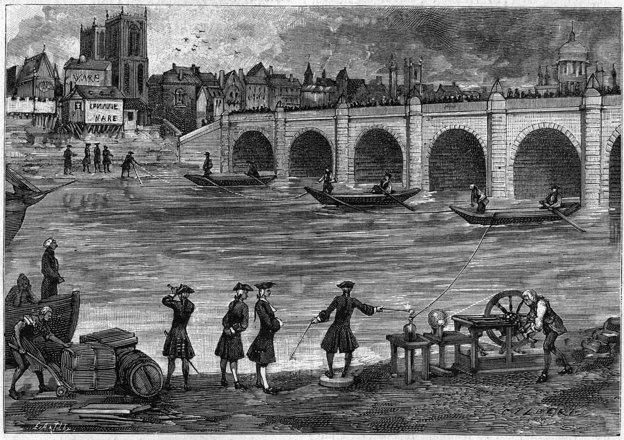 İngiliz fizikçi William Watson (1715-1787) tarafından 18. yüzyılda Thames nehri kıyısında gerçekleştirilen elektrik deneyi. 18 Mayıs 1889 tarihli “” La Nature: revue des sciences et de leurs apps aux arts et a l