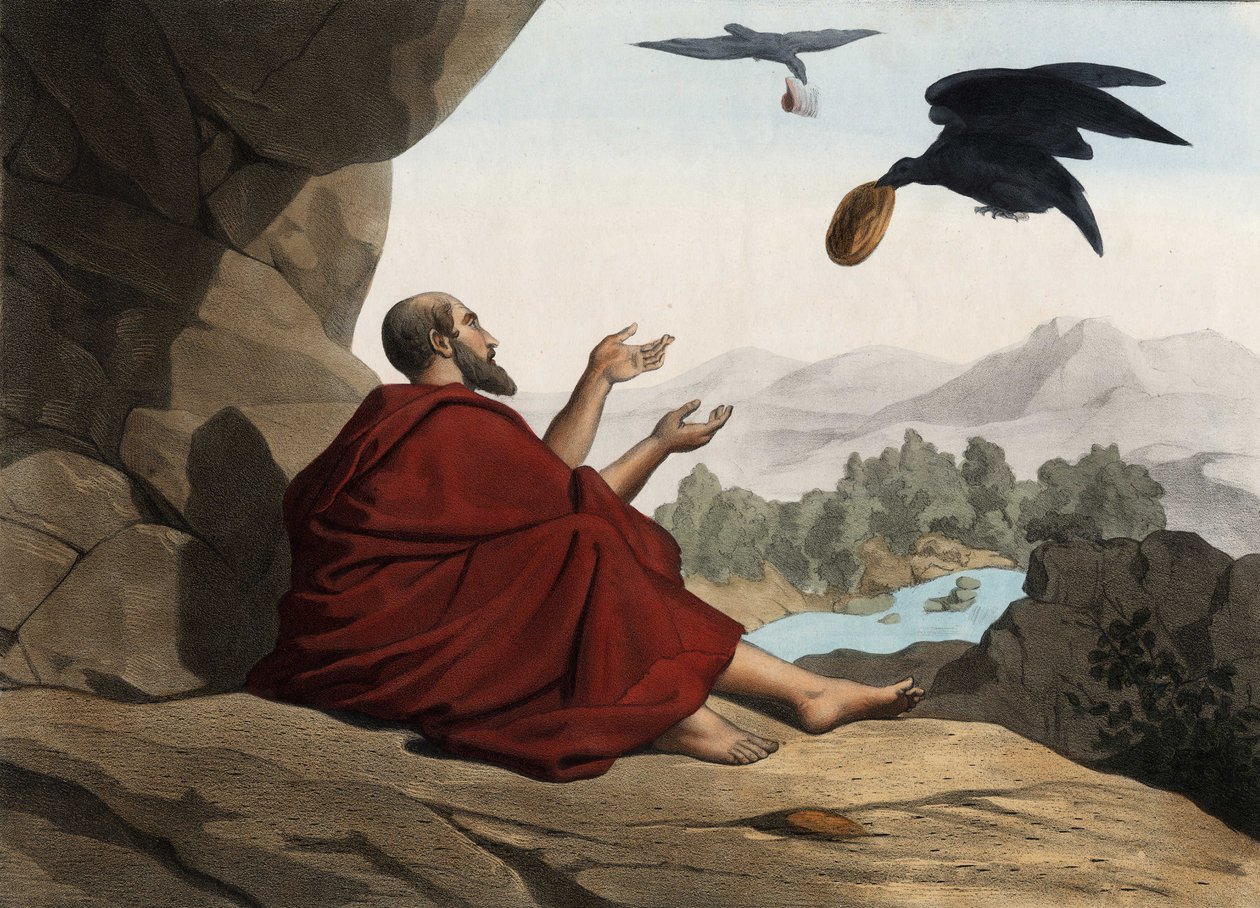 Kerith Nehri tarafından gizlenen Elijah, kargalar tarafından beslenir. 19. yüzyılın ortalarından anonim gravür. by Unknown artist