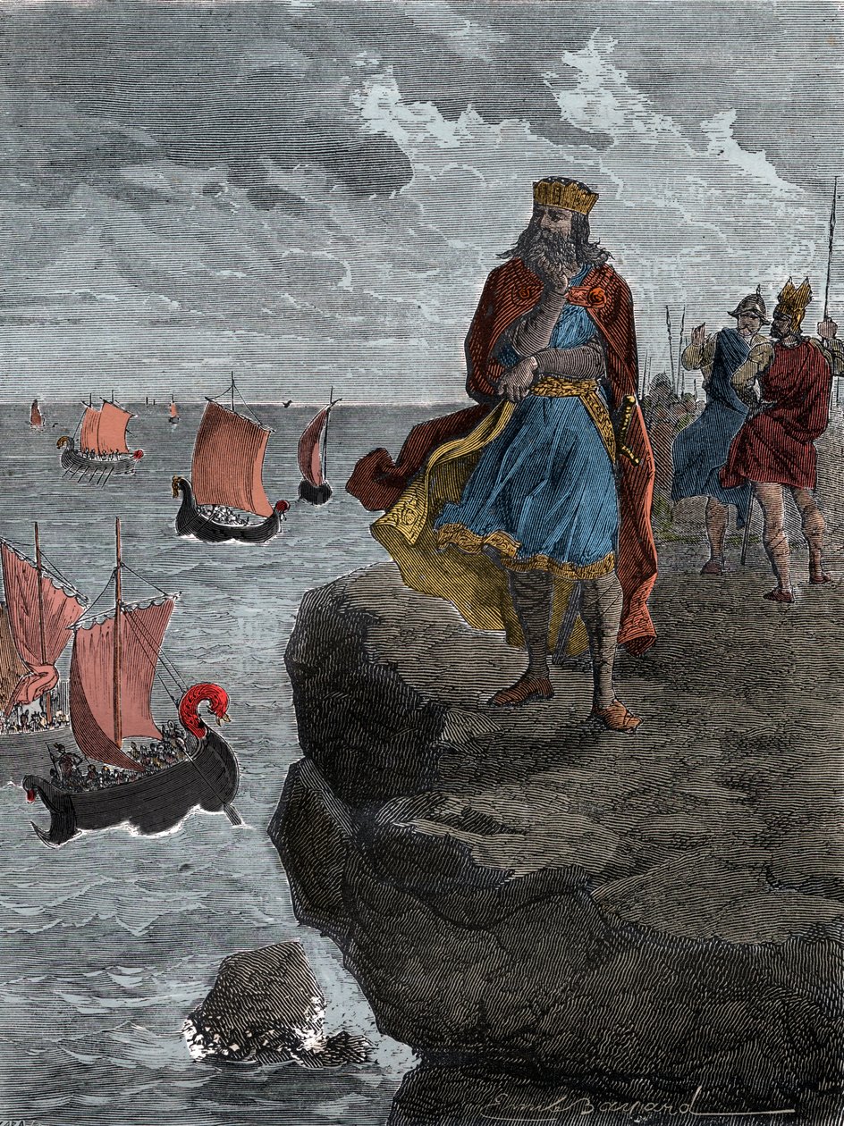 İmparator Charlemagne (Carlo Magno) Norman gemilerinin gelişini izliyor - Frankların Kralı Kral Charlemagne (742/747-814), istilacı Norsemenlerle dolu gemilere bakıyor by Unknown artist