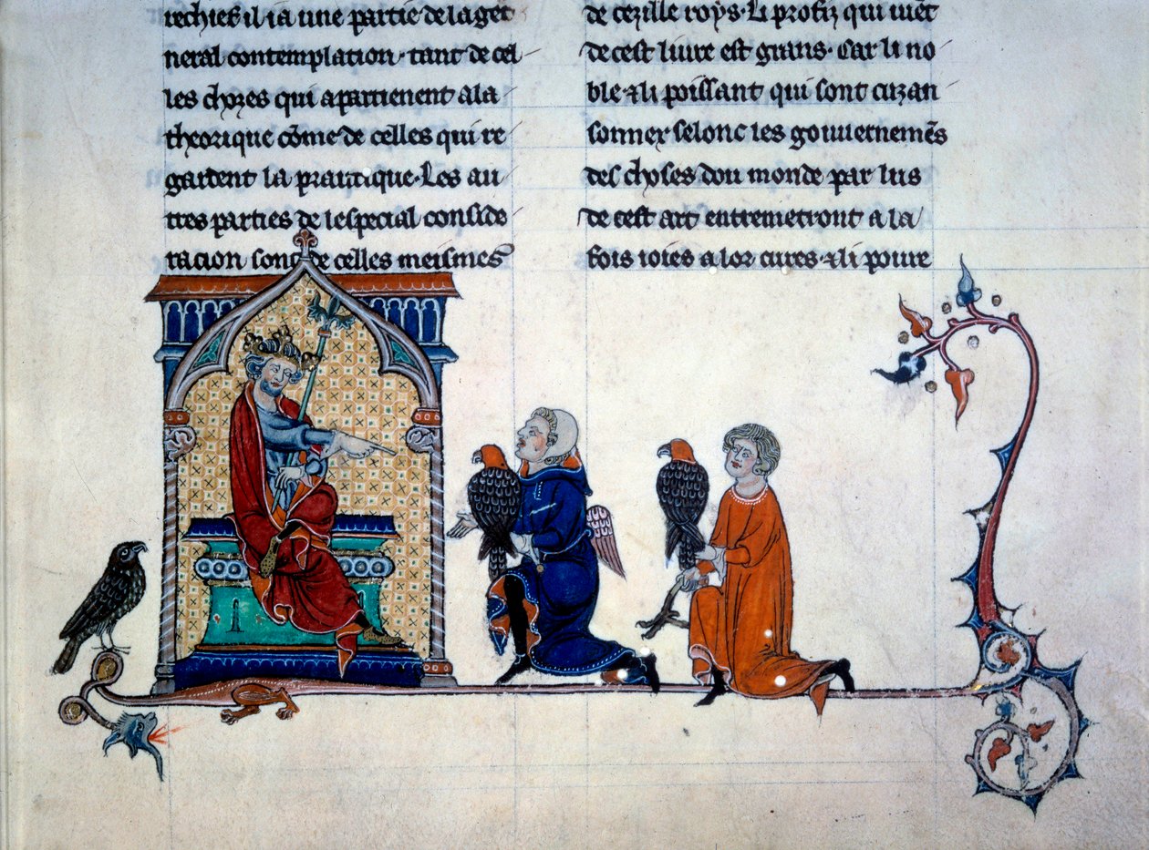İmparator II. Frederic (1194-1250) "Kuşlarla avlanma sanatı"ndan minyatür şahinler alırken by Unknown artist