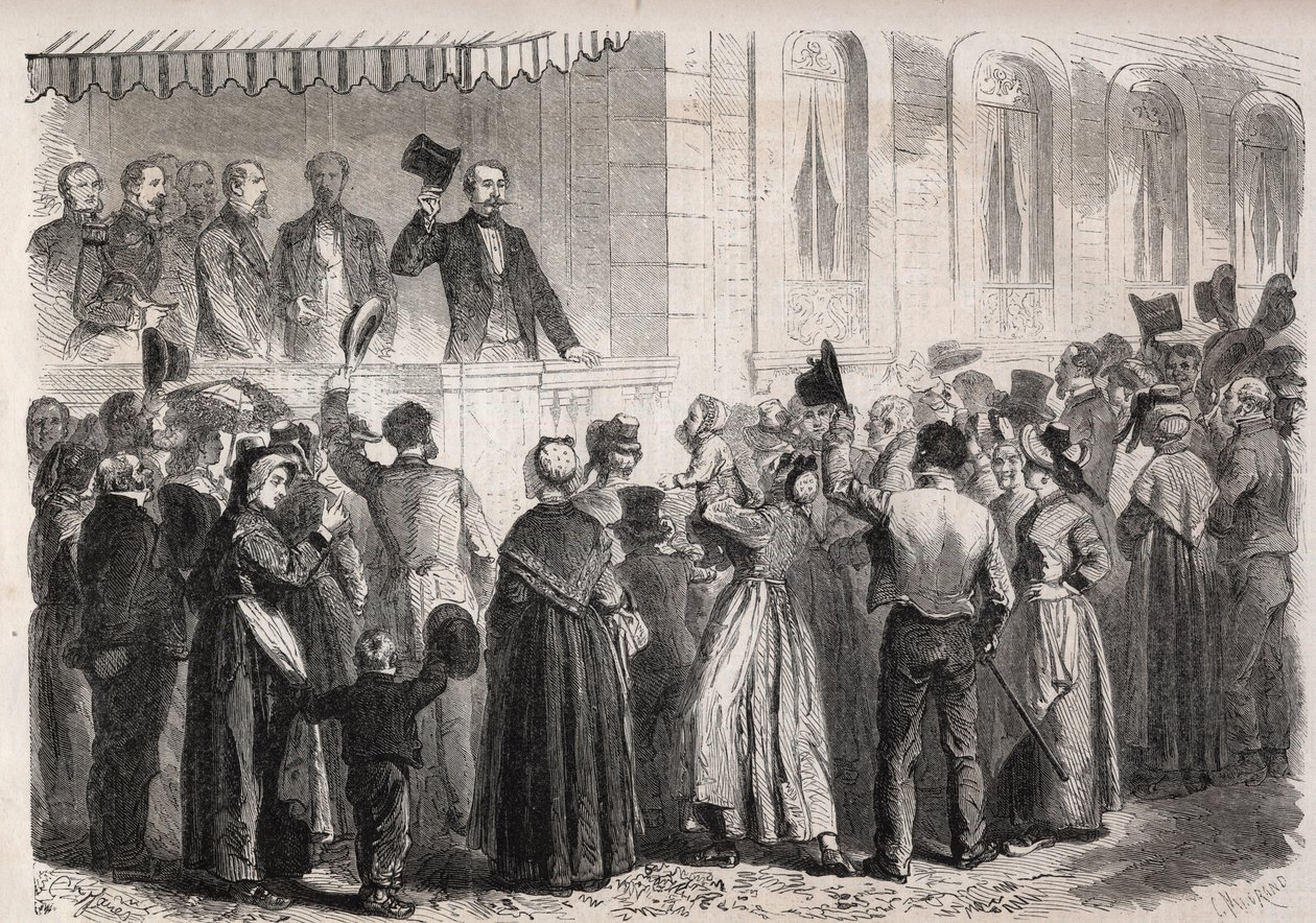 İmparator III. Napolyon (1808-1873), Strauss a Vichy villasının terasında, 7 Temmuz 1861 Pazar günü kırsal kesim halkı tarafından karşılandı - “Şanlı Dünya”da Gravür by Unknown artist