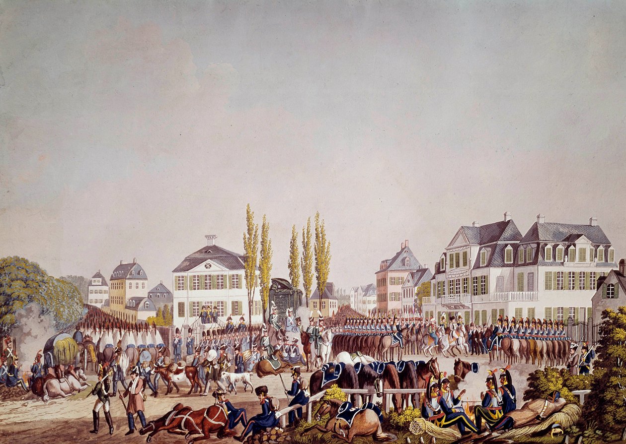 İmparator Napolyon I (1769-1821) Frankfurt'taki birlikleri gözden geçiriyor. 1813'ten gravür. Frankfurt, Tarih Müzesi by Unknown artist