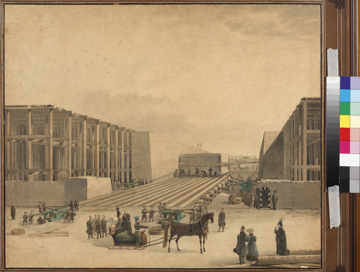 İmparator Nicholas I Alexander Sütunu şantiyesini ziyaret ediyor - Anonim. Kağıt üzerine suluboya, 1836