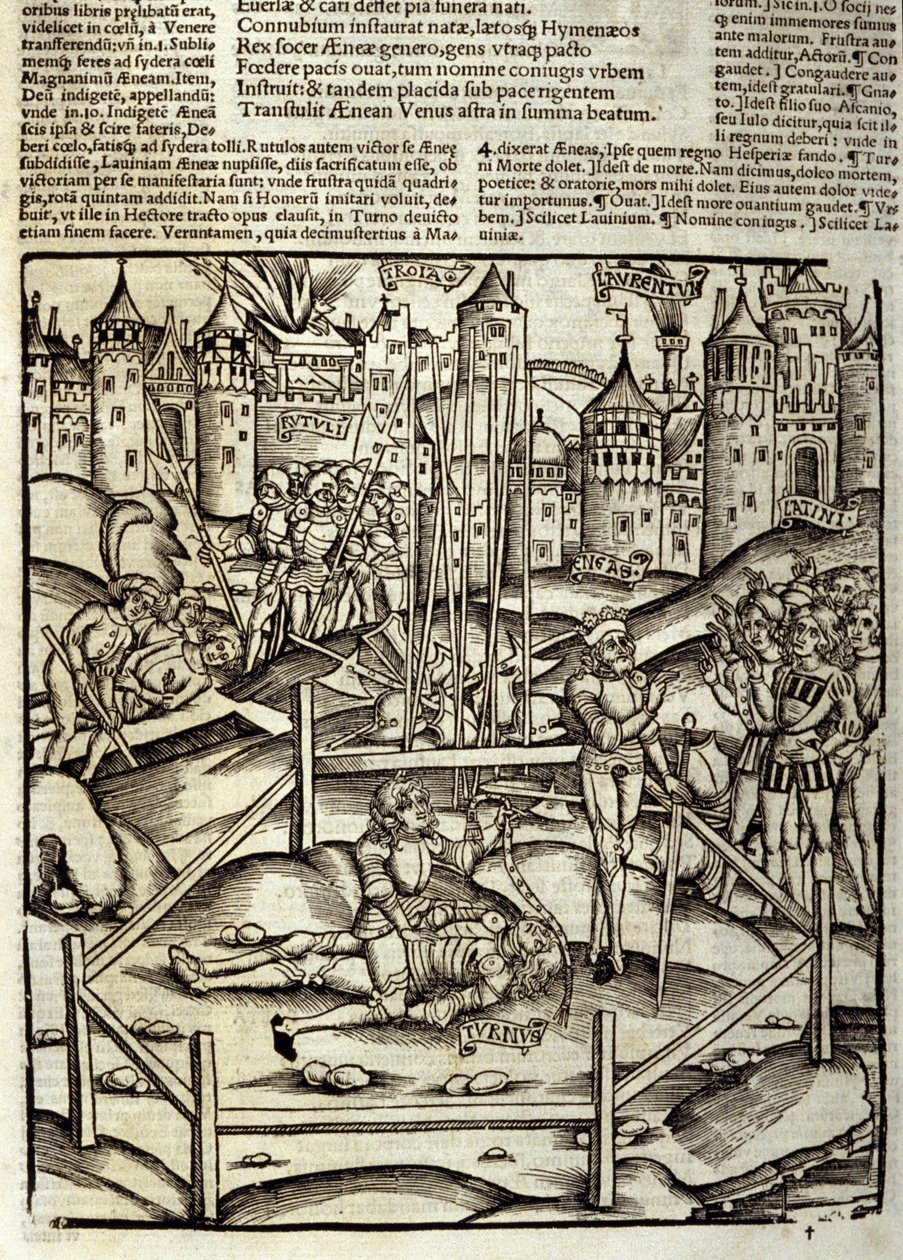 Eneide de Virgil (70 BC-19 BC), Kitap XII, Truva kahramanları Enee, Latinler ve Rutüllerin gözünde bir Turnus savaşında öldürür. Sebastian Brant (1458-1521) tarafından Xylography. Strazburg by Unknown artist