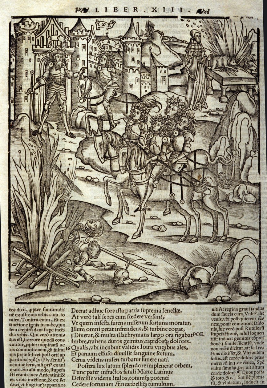 Eneide de Virgil (70 BC-19 BC), kitap XIII (ek), Truva kahramanları Enee Latinleri alır, savaş kurbanları onuruna fedakarlıklar yapılır. Sebastian Brant (1458-1521) tarafından Xylography. Strazburg by Unknown artist