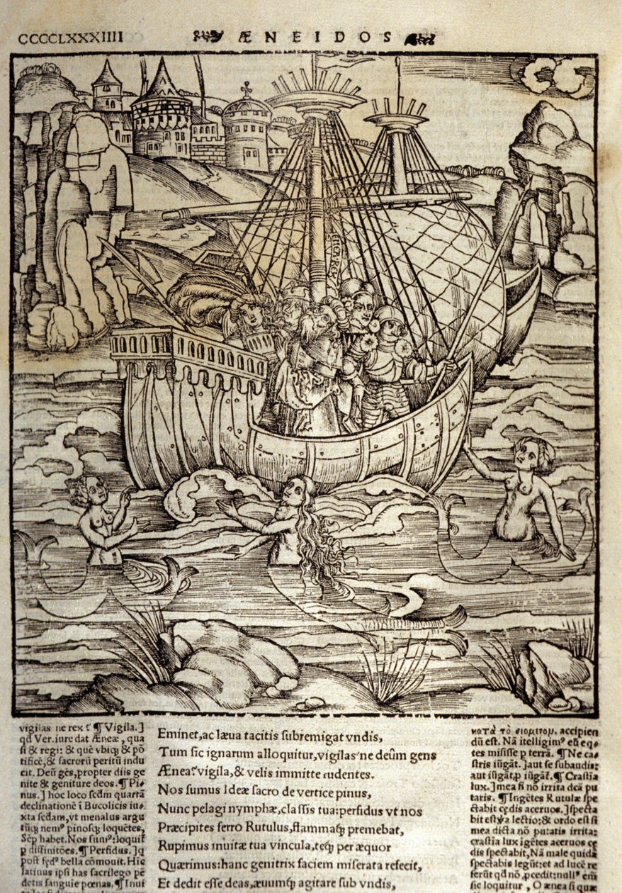 Eneide de Virgil (MÖ 70-19), Truva kahramanları Enee ve arkadaşları siren dolu bir denizi geçerler. Sebastian Brant (1458-1521) tarafından Xylography. Strazburg by Unknown artist