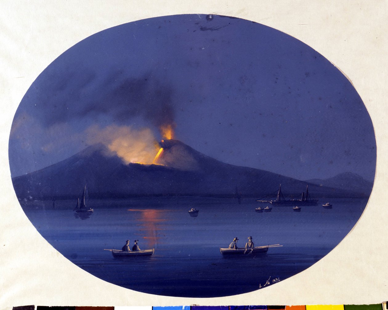Catania açıklarında denizden görülen Etna'nın gece patlaması. 19. yüzyıldan anonim tablo. by Unknown artist