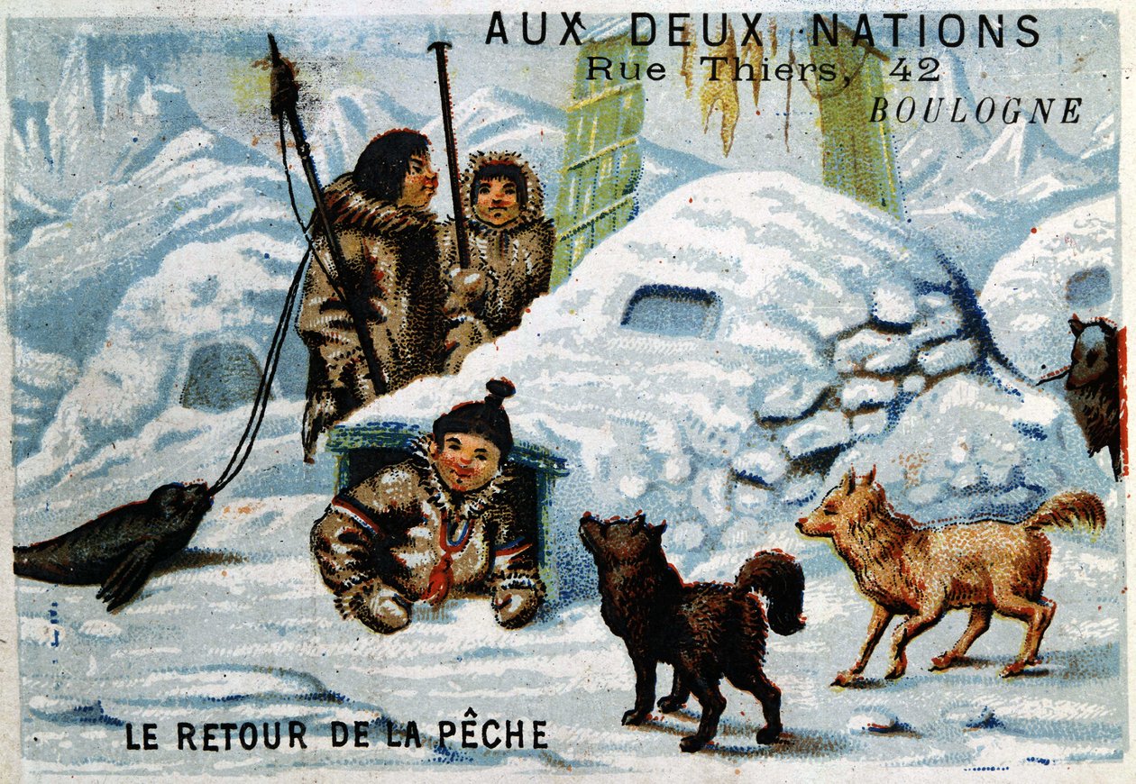 Eskimolar - Balıkçılığın dönüşü, 1895 dolaylarında iki Ulus "" Boulogne Mağazasının Reklamı. by Unknown artist