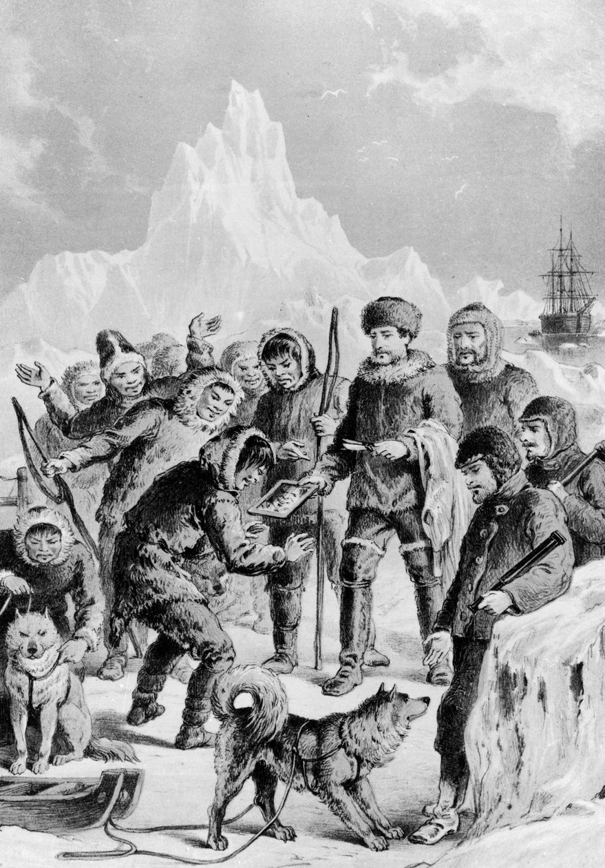 Keşif gezicilerinin getirdiği bir aynayı keşfeden Eskimolar - En erken 1875 seferlerine kadar İngiliz ve yabancı kıyılardan Artic Expedition. by Unknown artist