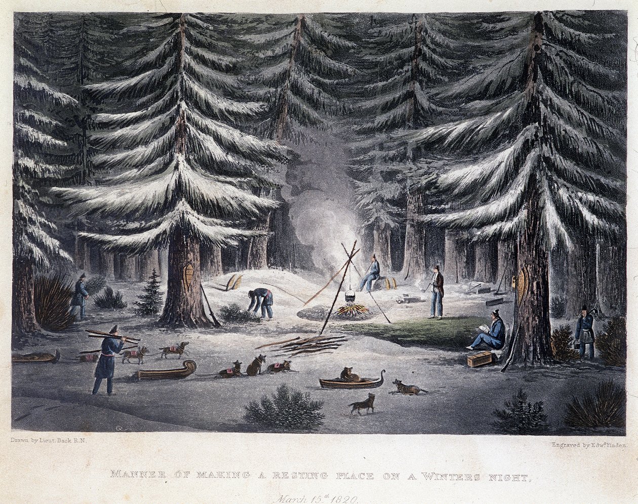 Bir kış gecesi kampın kurulması - “” 1819-1821 yıllarında Kutup Denizi kıyılarına bir yolculuğun Anlatısında”, John Franklin, ed. Londra by Unknown artist