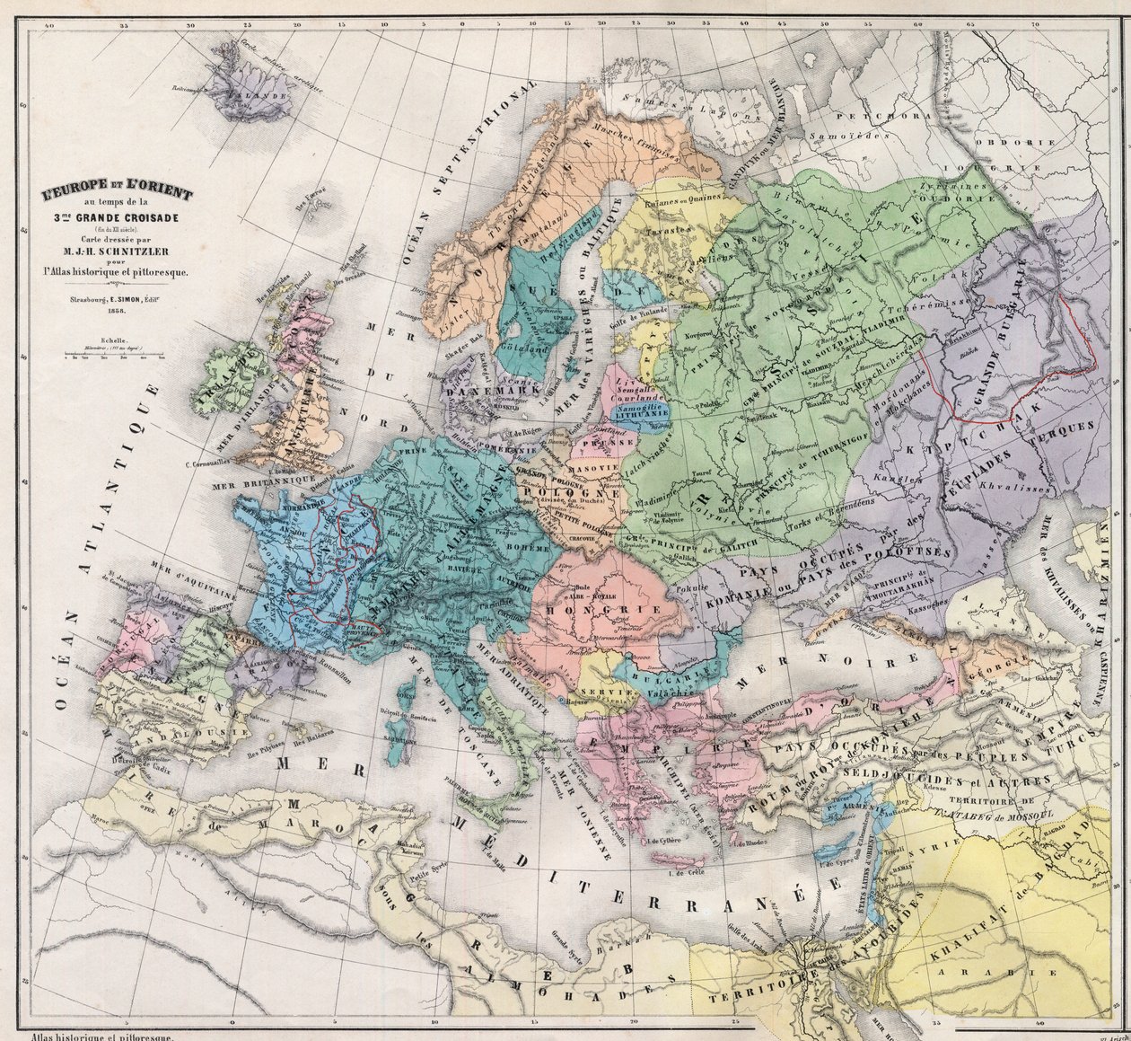 13. yüzyılın sonundaki 3. Büyük Haçlı Seferi sırasında Avrupa ve Doğu - M J-H Schnitzler tarafından hazırlanan Harita, Tarihsel ve Pitoresk Atlas 1858 by Unknown artist