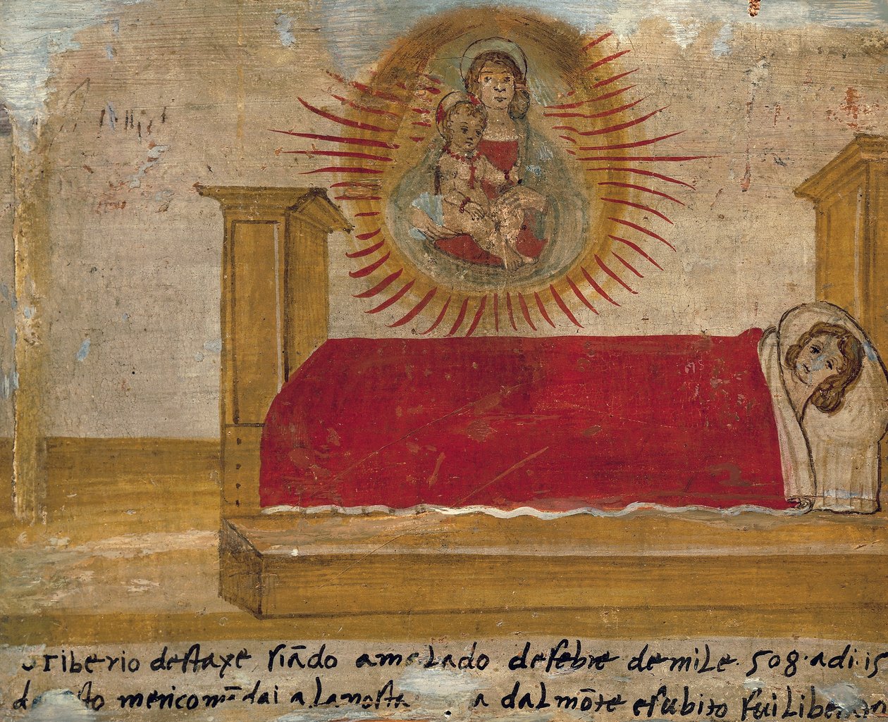 Madonna ve Çocuğu hastayla yatakta tasvir eden eski voto, St Maria del Monte Manastırı, Cesena by Unknown artist