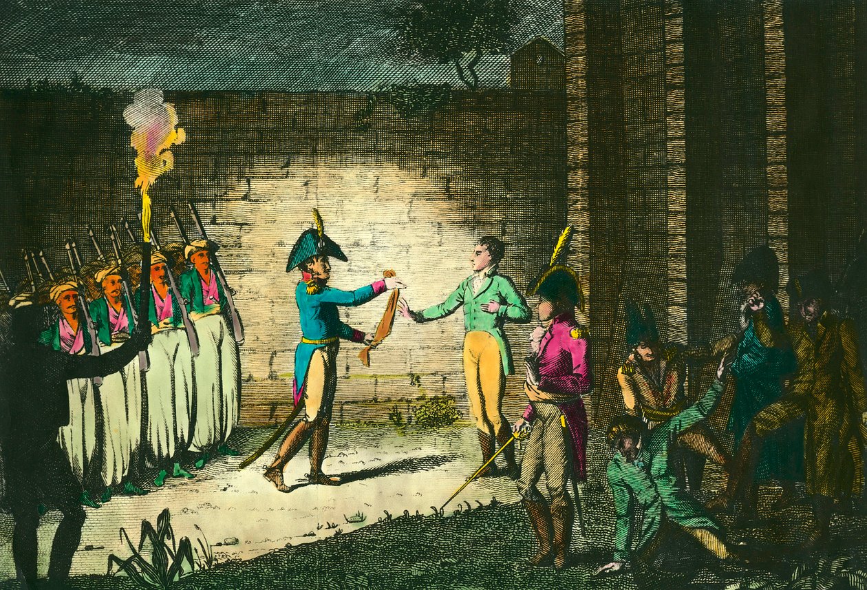 Enghien Dükü Louis de Bourbon'un (1772-1804) 21 Mart 1804'te Vincennes'de idamı, Birinci Konsolos Napolyon Bonapart'a karşı bir komplo kanıtı olmaksızın şüpheli. 1804 civarında gravür. Özel koleksiyon by Unknown artist